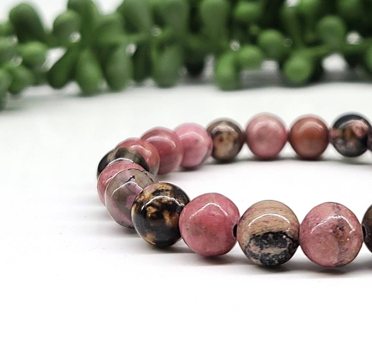 Rhodonite Bracelet Stretchable 8mm Beads, 7.5"Long
