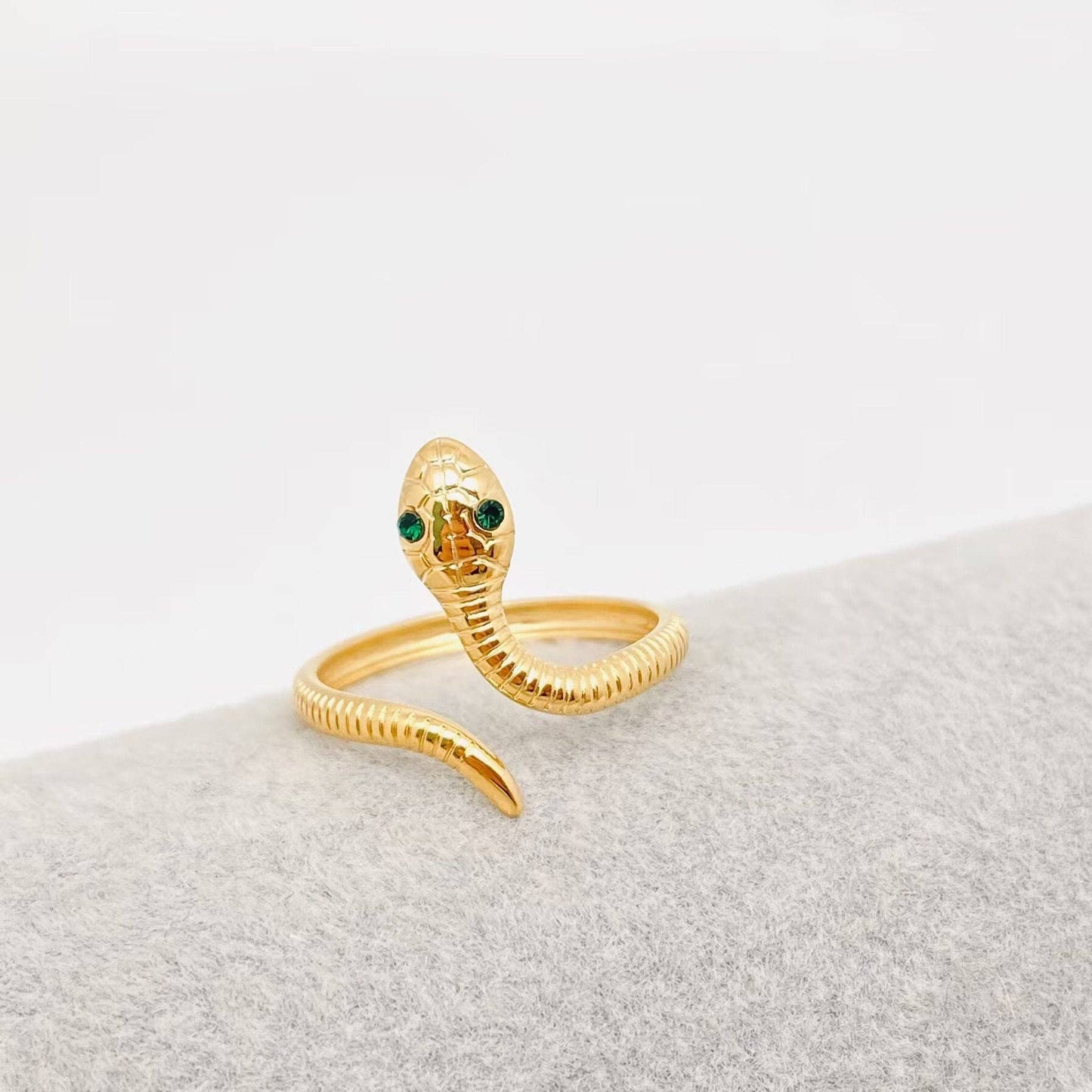 18K Gold Plated Green Eyes Snake Adjustable Ring - FGS