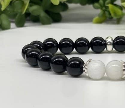 Black Obsidian with Selenite Stretchable Bracelet 8MM
