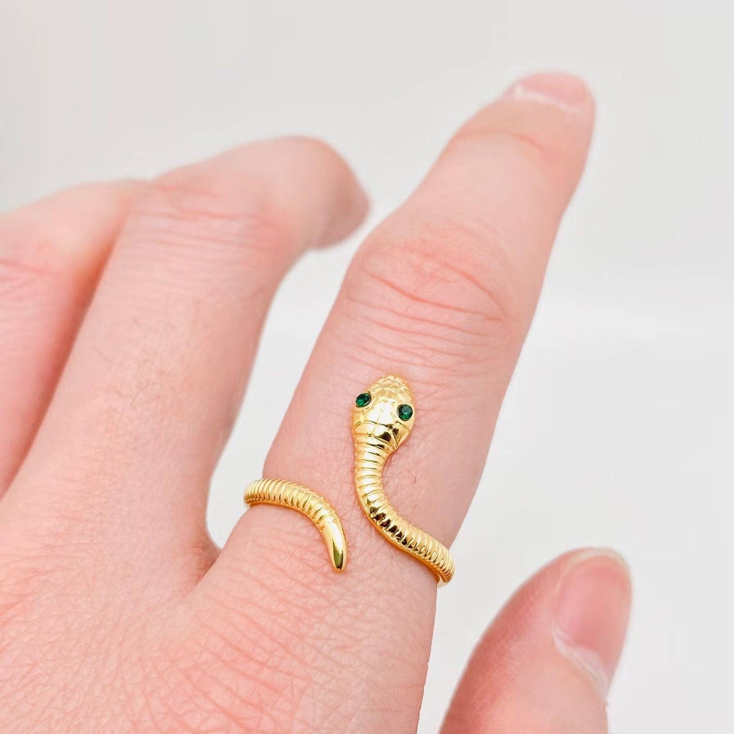 18K Gold Plated Green Eyes Snake Adjustable Ring - FGS
