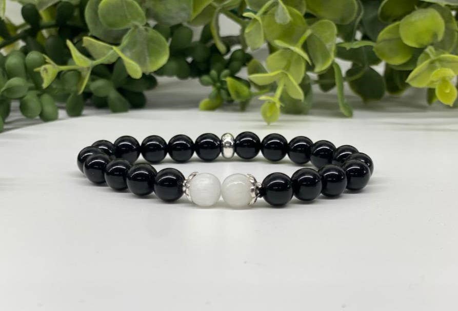 Black Obsidian with Selenite Stretchable Bracelet 8MM